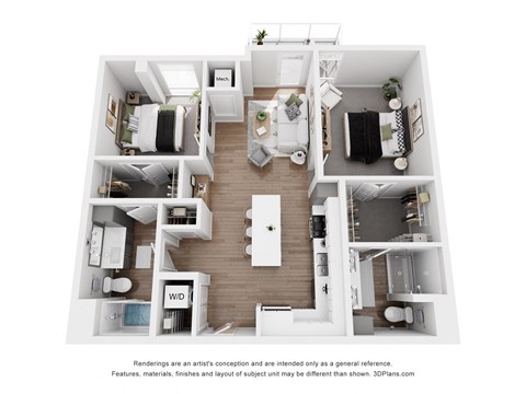 Floor plan for 2 beds, 2 baths, 1005 sqft